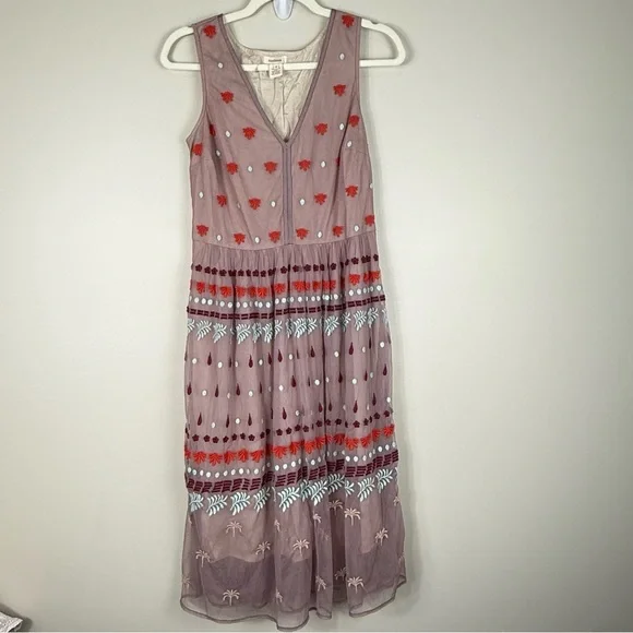 Sundance Dress Womens 2 Embroidered Floral Sheer V-Neck Sleeveless Pink Boho - Picture 2 of 8